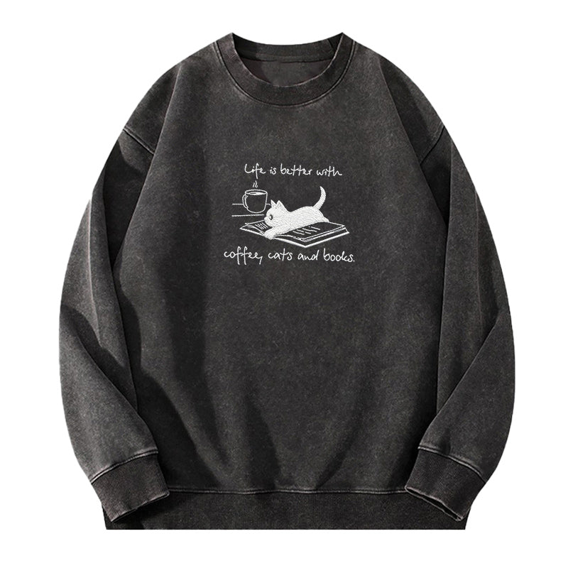 Embroidered Life Is Better With Coffee Book Cat Washed Crewneck Sweatshirt