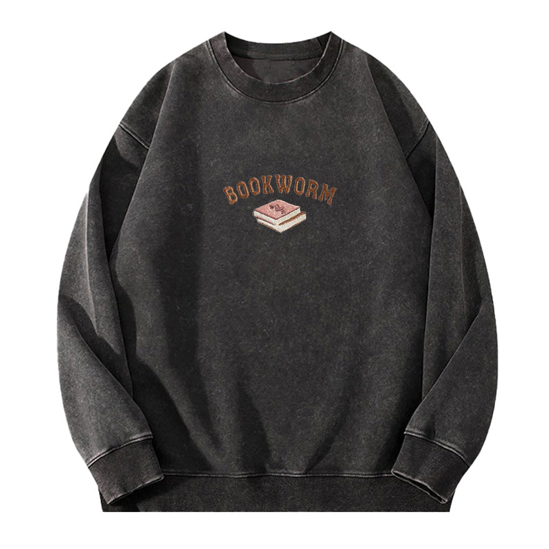 Embroidered Bookworm Washed Crewneck Sweatshirt
