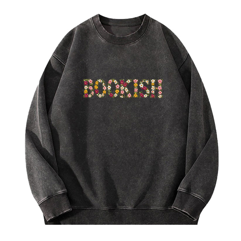 Embroidered Floral Bookish Washed Crewneck Sweatshirt