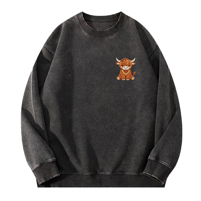Embroidered Highland Cow Washed Crewneck Sweatshirt