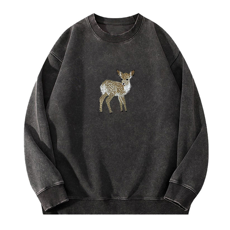 Embroidered Forest Deer Washed Crewneck Sweatshirt