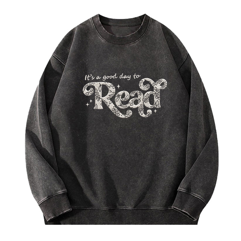 Embroidered Floral A Good Day To Read Washed Crewneck Sweatshirt