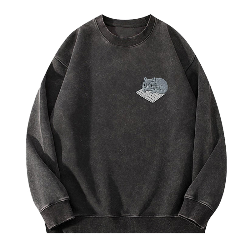 Embroidered Cat On Book Washed Crewneck Sweatshirt