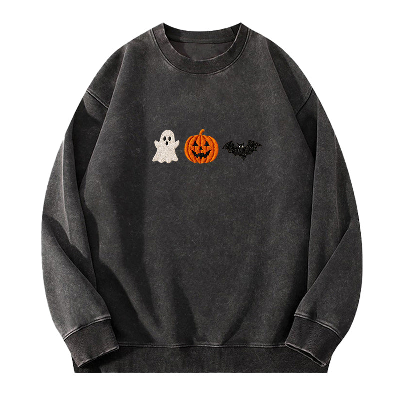 Embroidered Holloween Ghost Pumpkin Bat Washed Crewneck Sweatshirt
