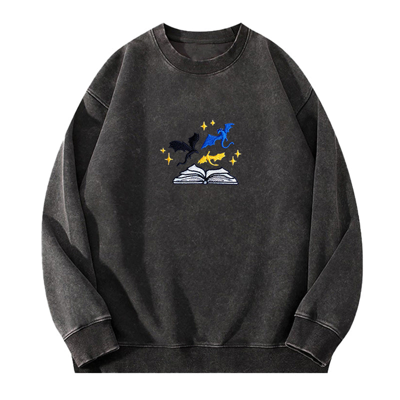 Embroidered Book And Dragons Washed Crewneck Sweatshirt