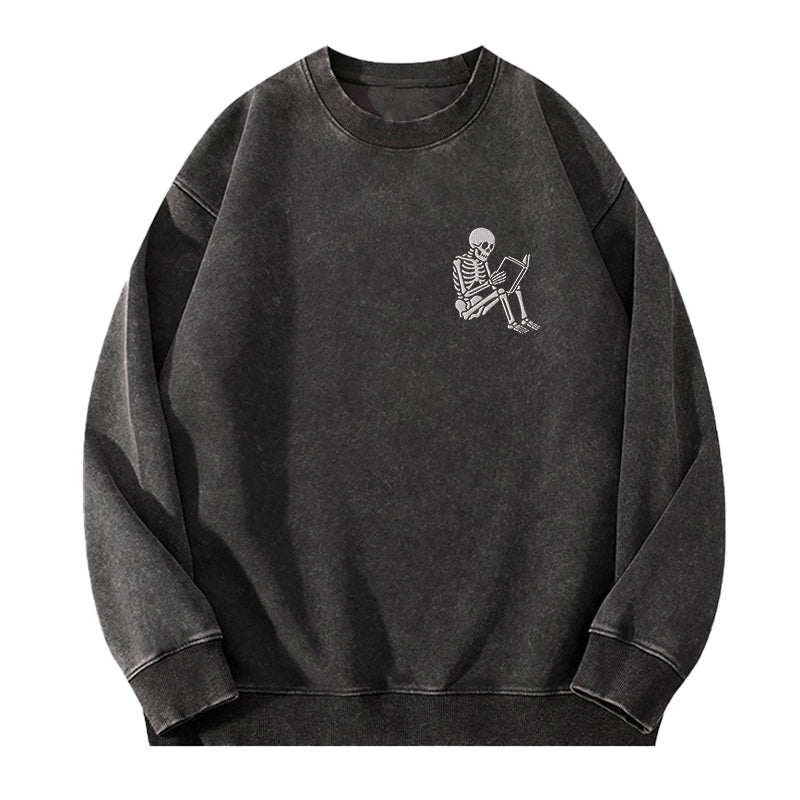 Embroidered Reading Skeleton Washed Crewneck Sweatshirt