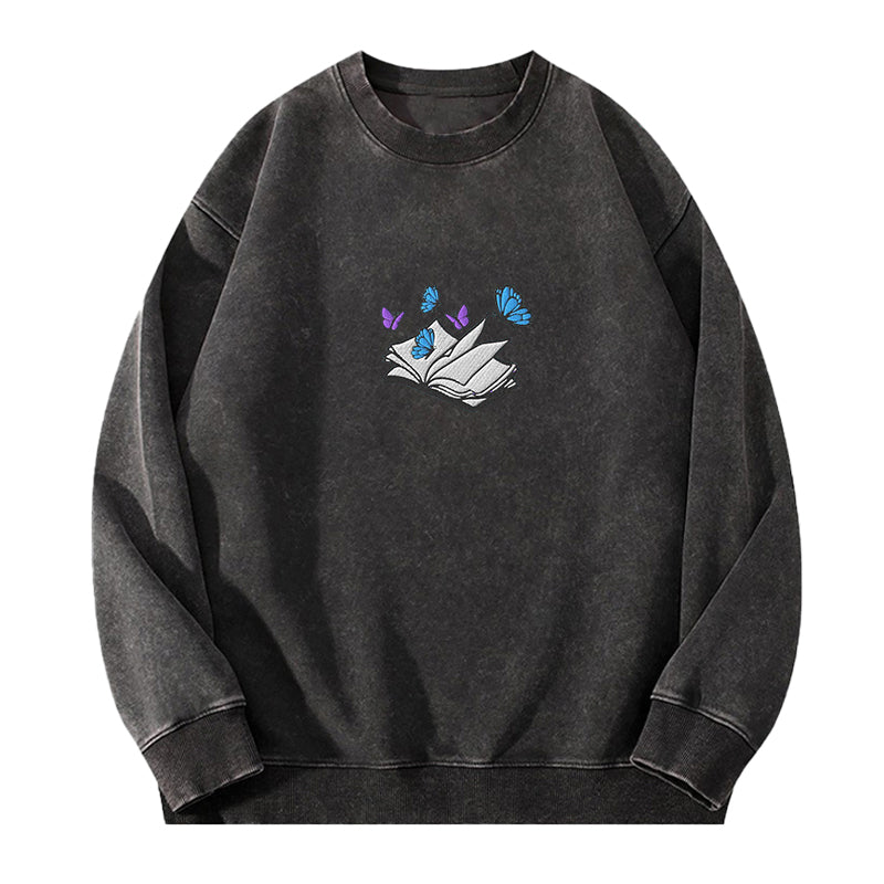 Embroidered Open Book With Butterflies Washed Crewneck Sweatshirt