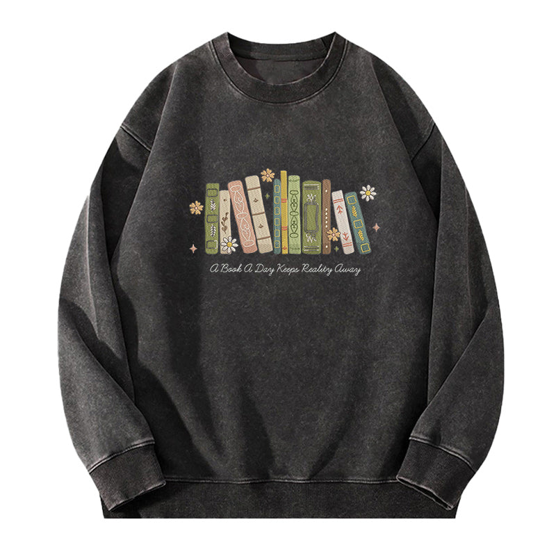 Embroidered A Book A Day Washed Crewneck Sweatshirt