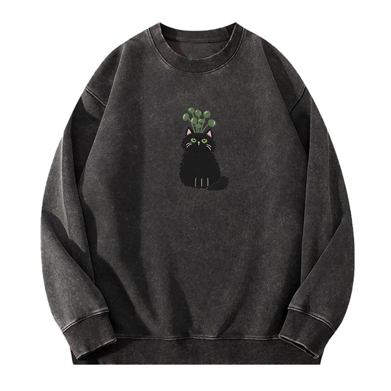 Embroidered Plant Black Cat Washed Crewneck Sweatshirt