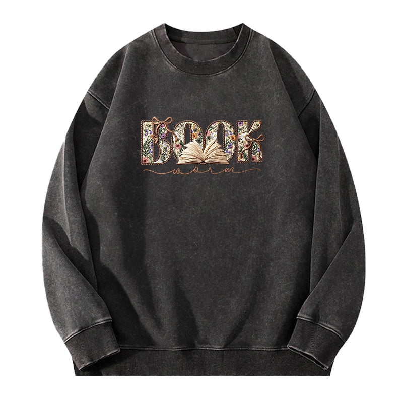 Embroidered Boho Wildflower Bookworm Washed Crewneck Sweatshirt