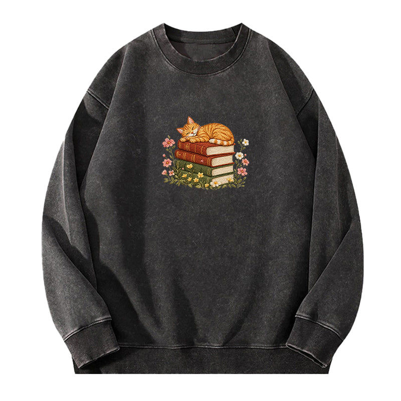 Embroidered Cat Sleeping On Books Washed Crewneck Sweatshirt