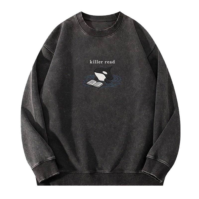 Embroidered Killer Read Orca Washed Crewneck Sweatshirt