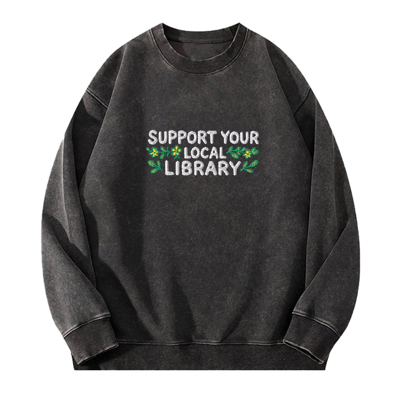 Embroidered Support Your Local Library Washed Crewneck Sweatshirt