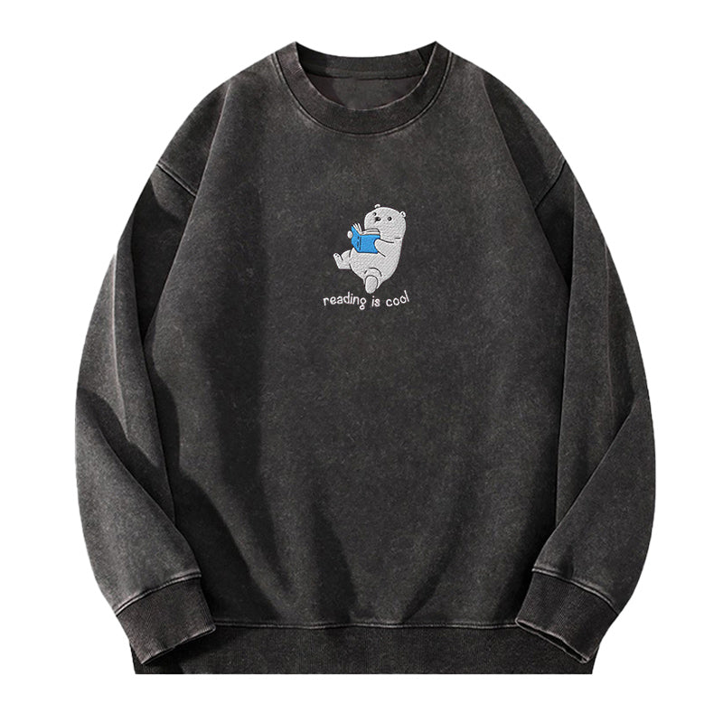 Embroidered Reading Is Cool Polar Bear Washed Crewneck Sweatshirt