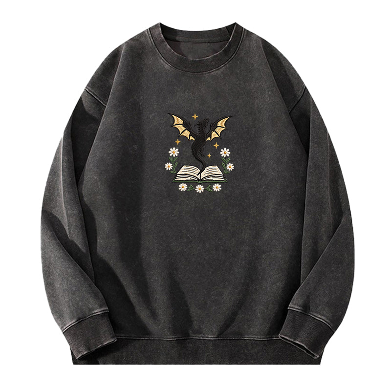 Embroidered Dragon Floral Book Washed Crewneck Sweatshirt
