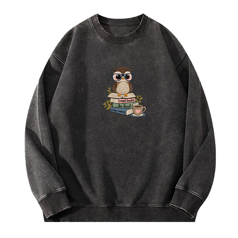 Embroidered Read Books Be Kind Owl Washed Crewneck Sweatshirt