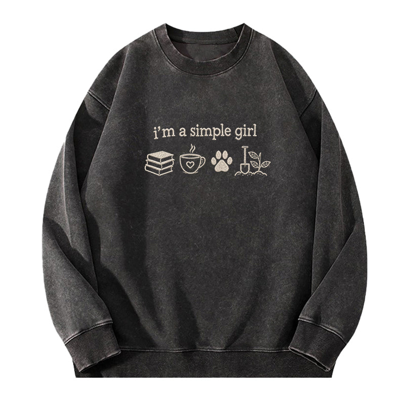 Embroidered Simple Girl Book Coffee Plant Washed Crewneck Sweatshirt