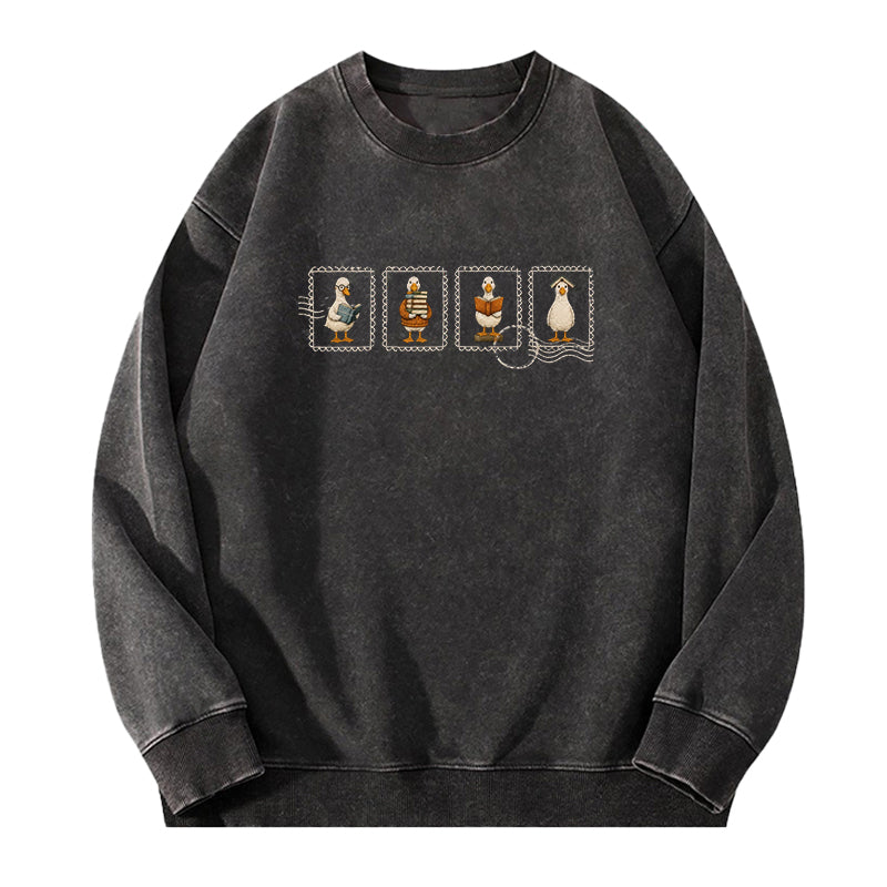 Embroidered Silly Goose Reading Washed Crewneck Sweatshirt