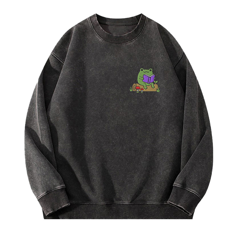Embroidered Reading Frog Washed Crewneck Sweatshirt
