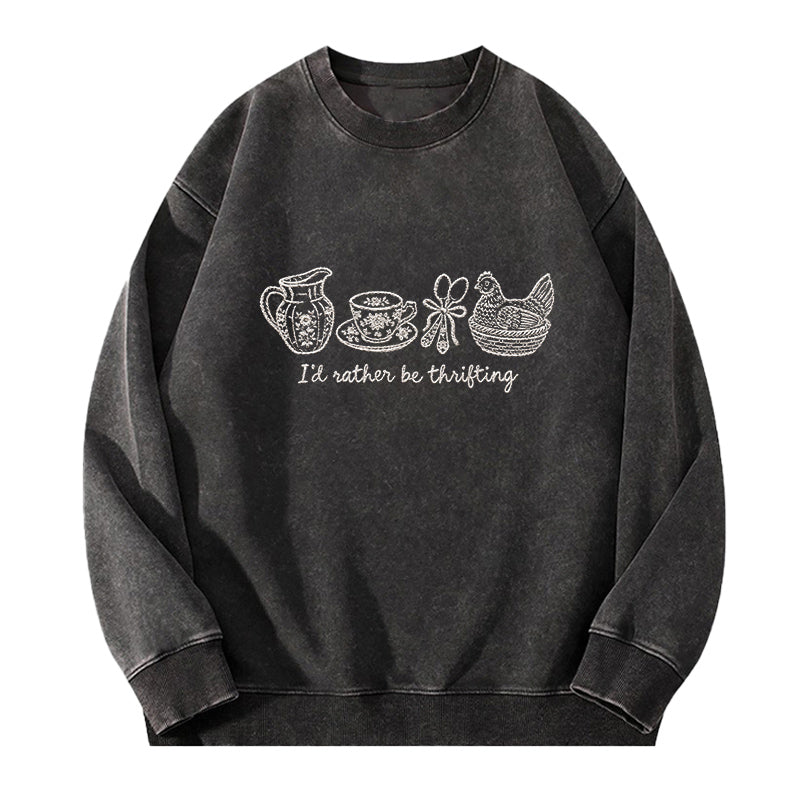 Embroidered I'd Rather Be Thrifting Washed Crewneck Sweatshirt