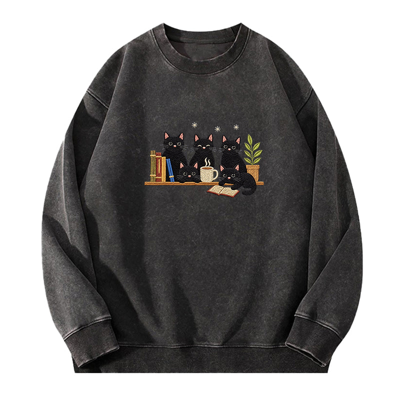Embroidered Black Cat On Bookshelf Washed Crewneck Sweatshirt