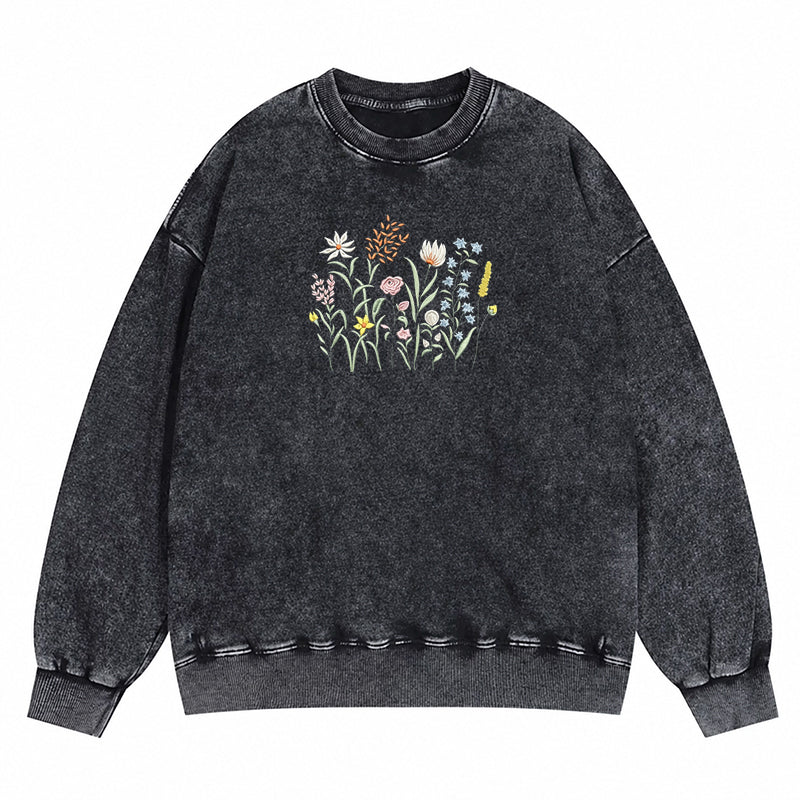 Embroidered Cute Wildflowers Washed Crewneck Sweatshirt