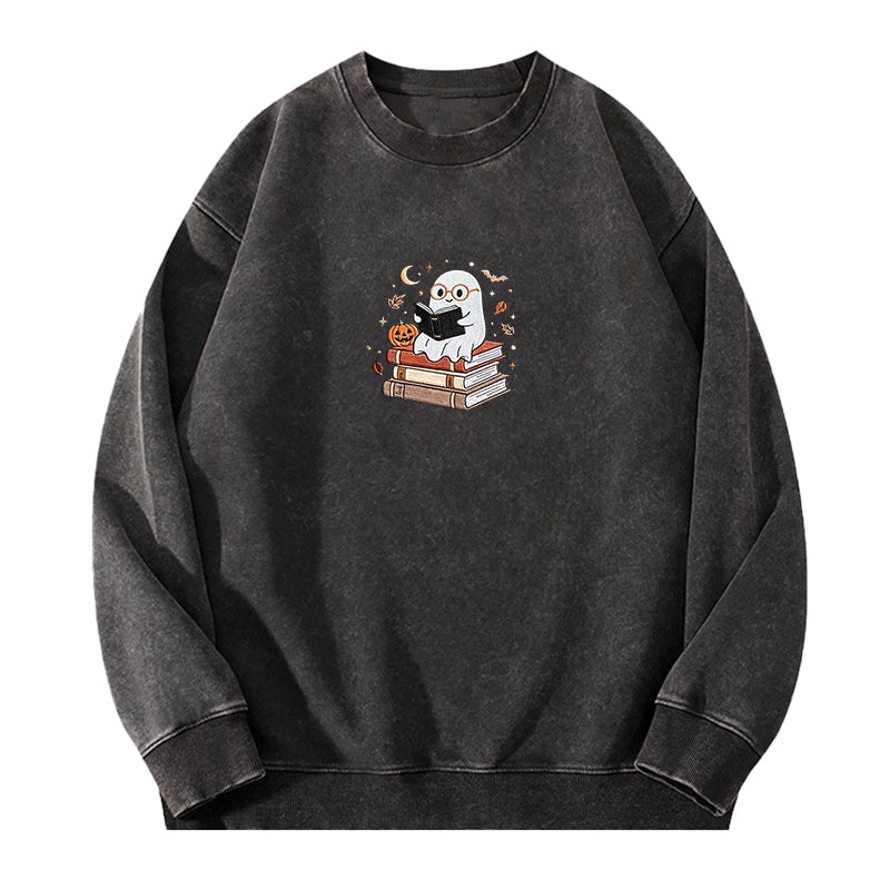 Embroidered Ghost Reading Books Washed Crewneck Sweatshirt