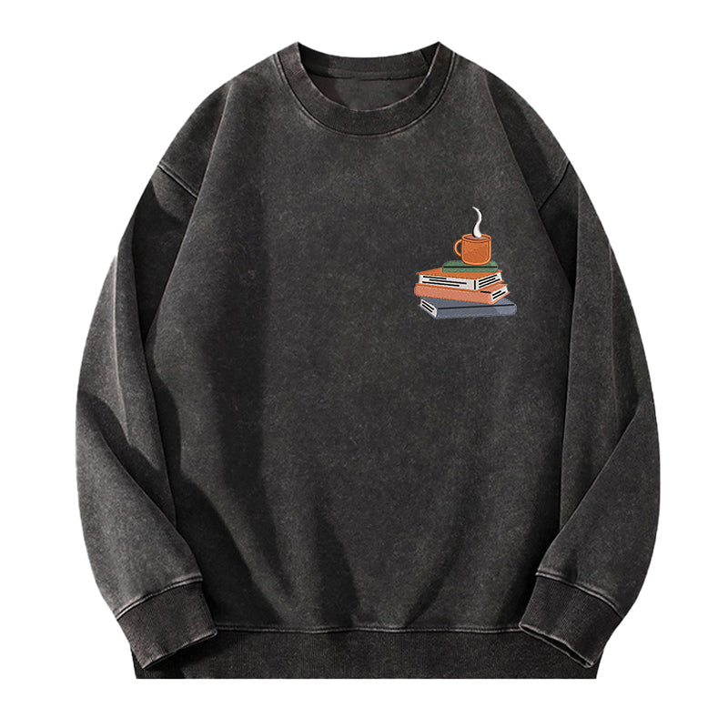 Embroidered Book And Coffee Washed Crewneck Sweatshirt