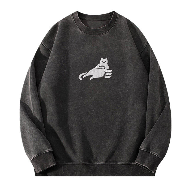Embroidered Bookish Cat Drinking Coffee Washed Crewneck Sweatshirt