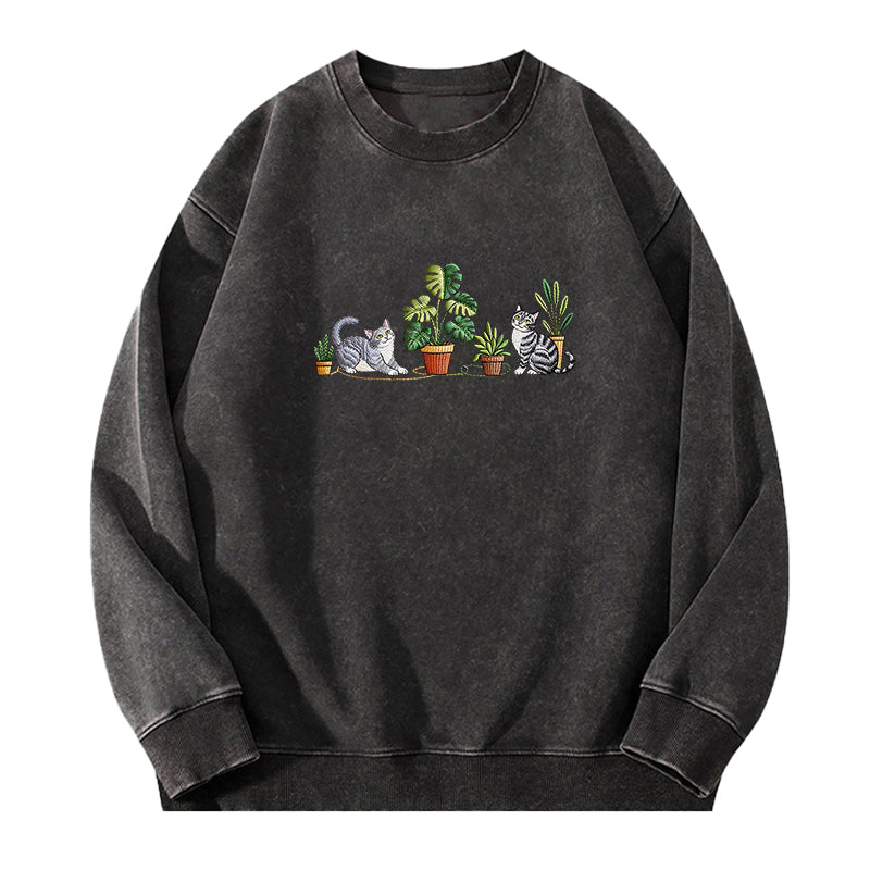 Embroidered Plants And Cat Washed Crewneck Sweatshirt