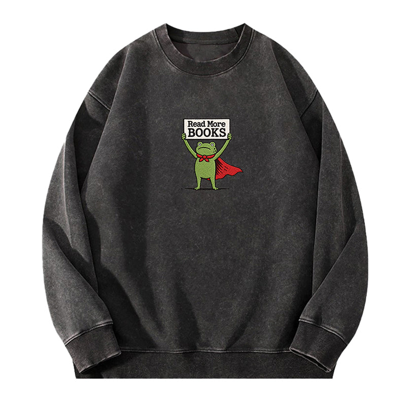 Embroidered Read More Books Frog Washed Crewneck Sweatshirt