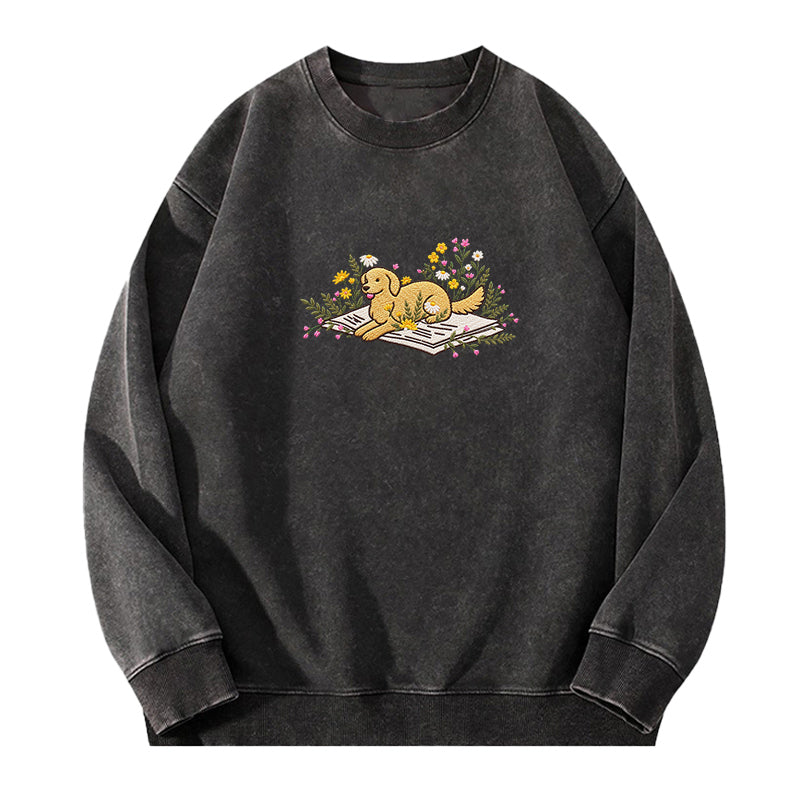 Embroidered Dog Lying On Book Washed Crewneck Sweatshirt