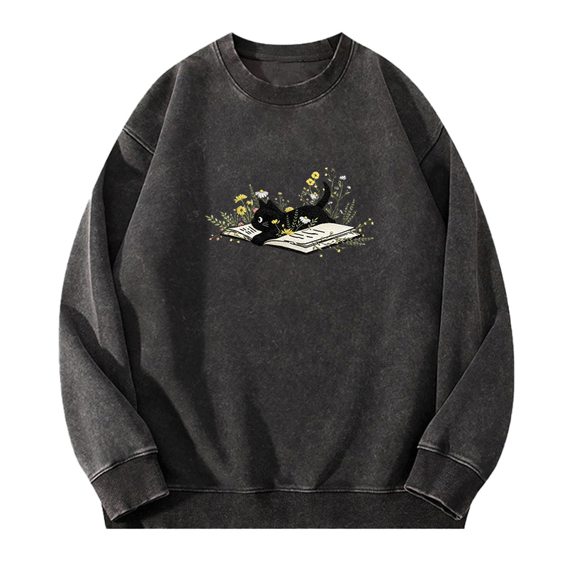 Embroidered Floral Book Cat Washed Crewneck Sweatshirt