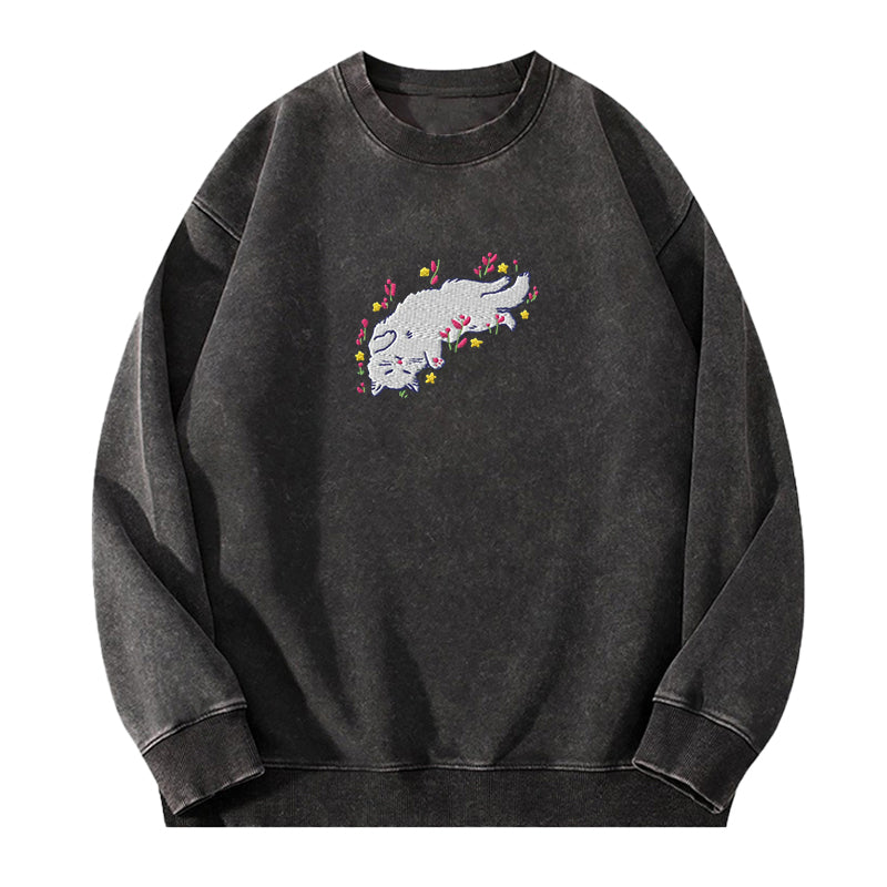 Embroidered Floral Playing Cat Washed Crewneck Sweatshirt