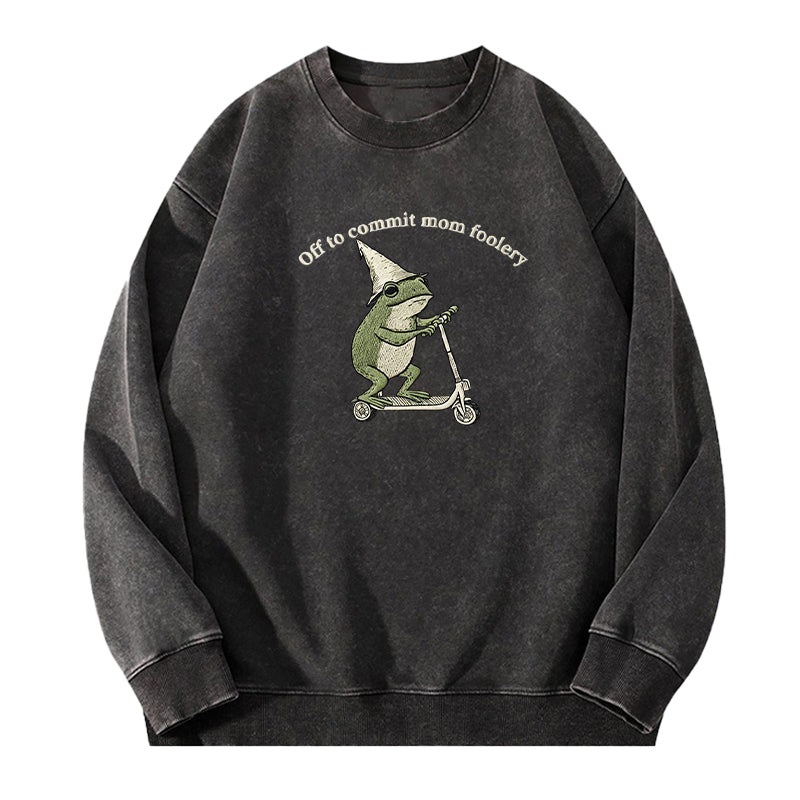 Embroidered Off To Commit Mom Foolery Washed Crewneck Sweatshirt