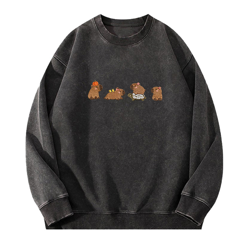 Embroidered Cute Capybara Washed Crewneck Sweatshirt