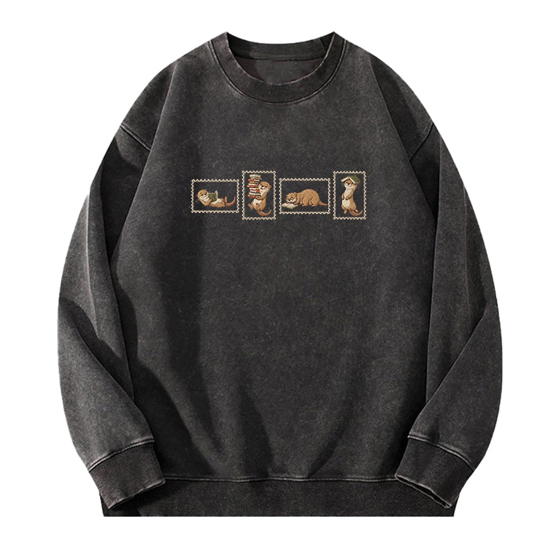 Embroidered Otter Reading Washed Crewneck Sweatshirt