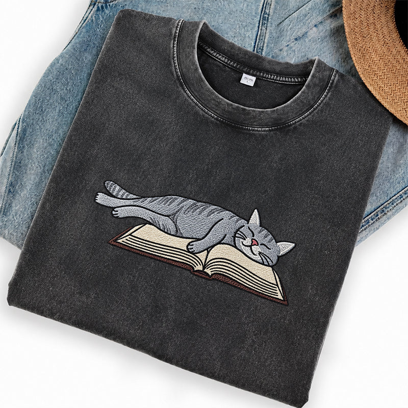 Embroidered Cat Sleeping On Book Washed Crew Neck T-Shirt