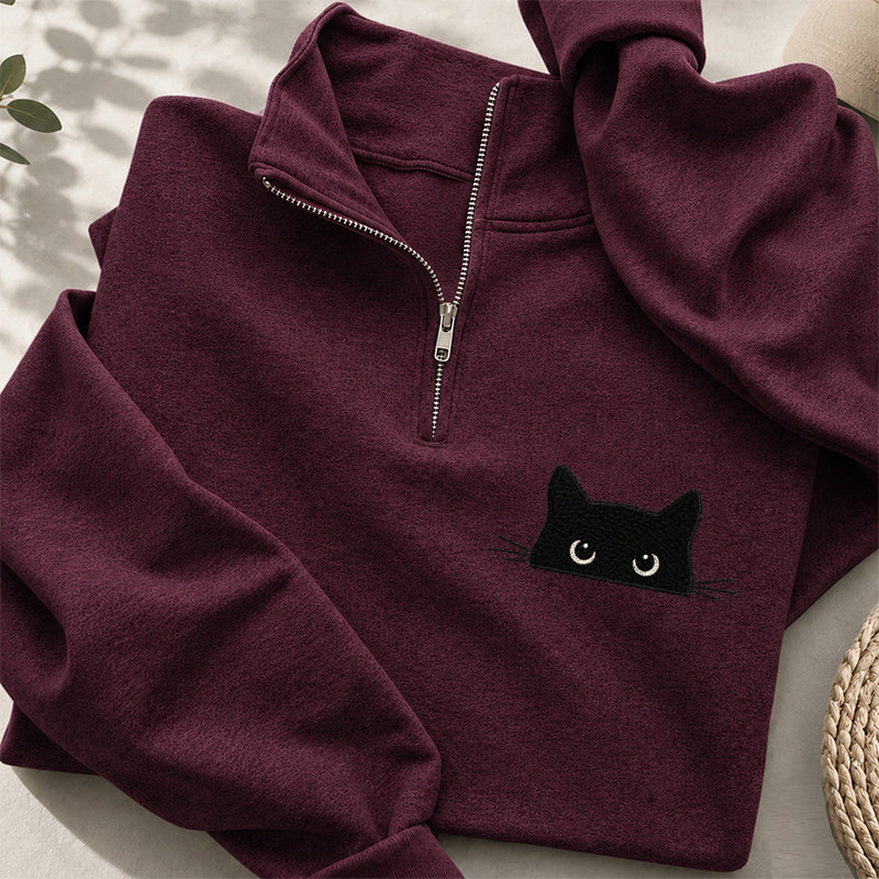 Embroidered Peeking Black Cat Classic Quarter Zip Sweatshirt