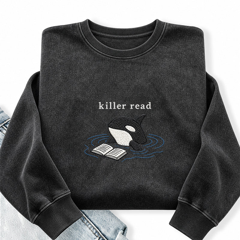 Embroidered Killer Read Orca Washed Crewneck Sweatshirt
