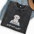 Embroidered Dogs and Books Washed Crew Neck T-Shirt