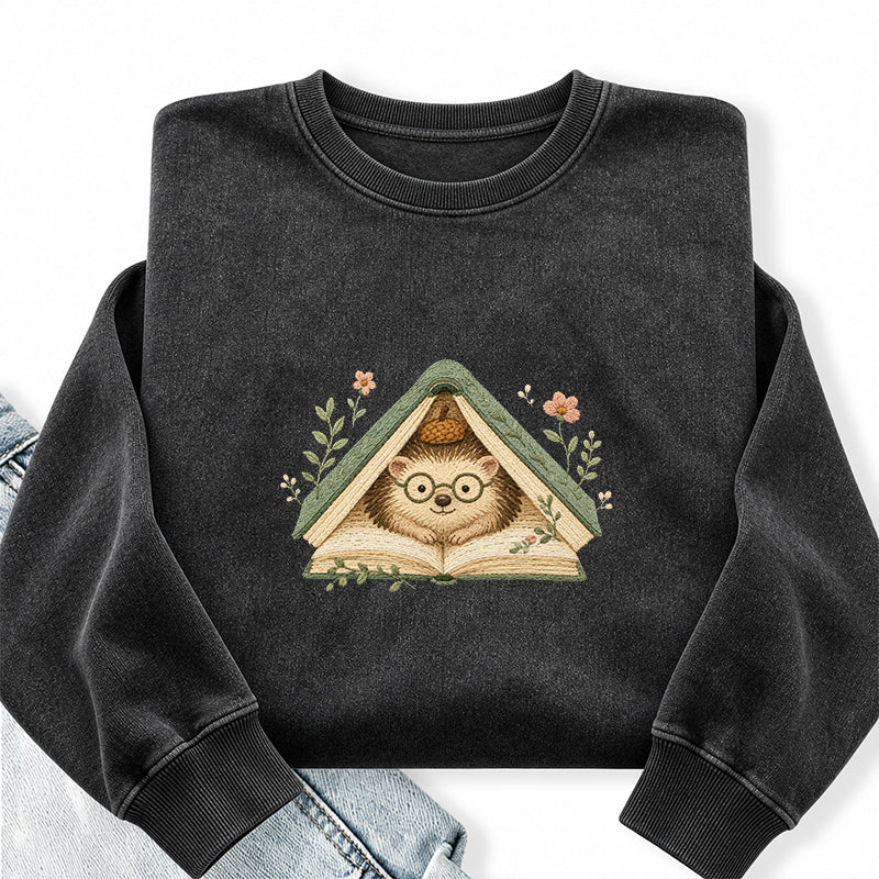 Embroidered Reading Hedgehog Washed Crewneck Sweatshirt