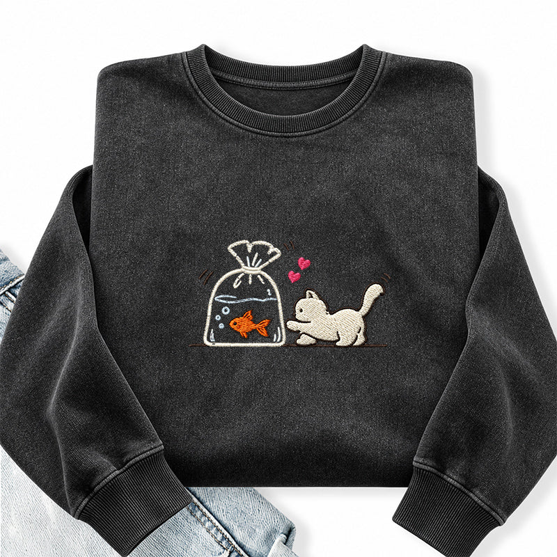 Embroidered Cute Cat Goldfish Washed Crewneck Sweatshirt