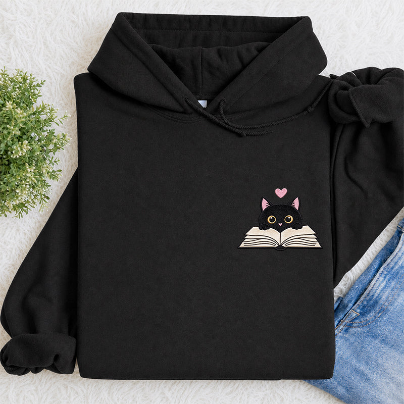 Embroidered Reading Black Cat Classic Adult Unisex Hoodie
