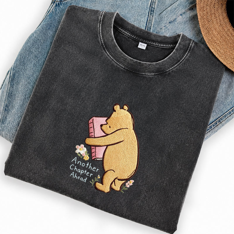 Embroidered Reading Bear Another Chapter Washed Crew Neck T-Shirt