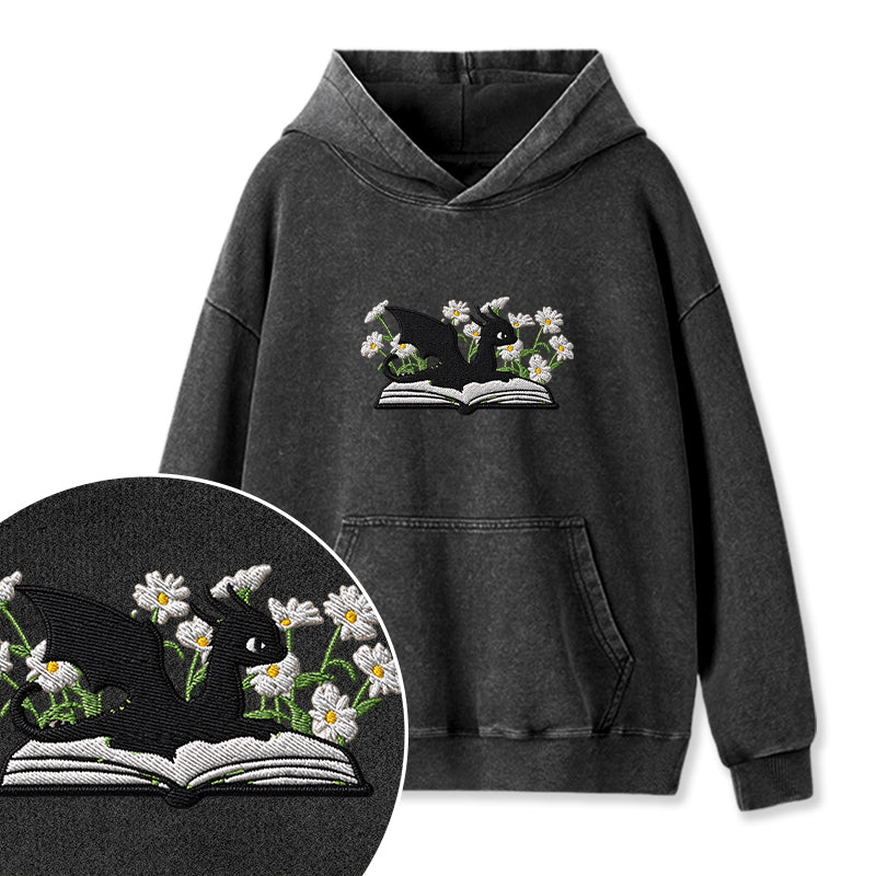 Embroidered Floral Dragon Book Washed Hoodie