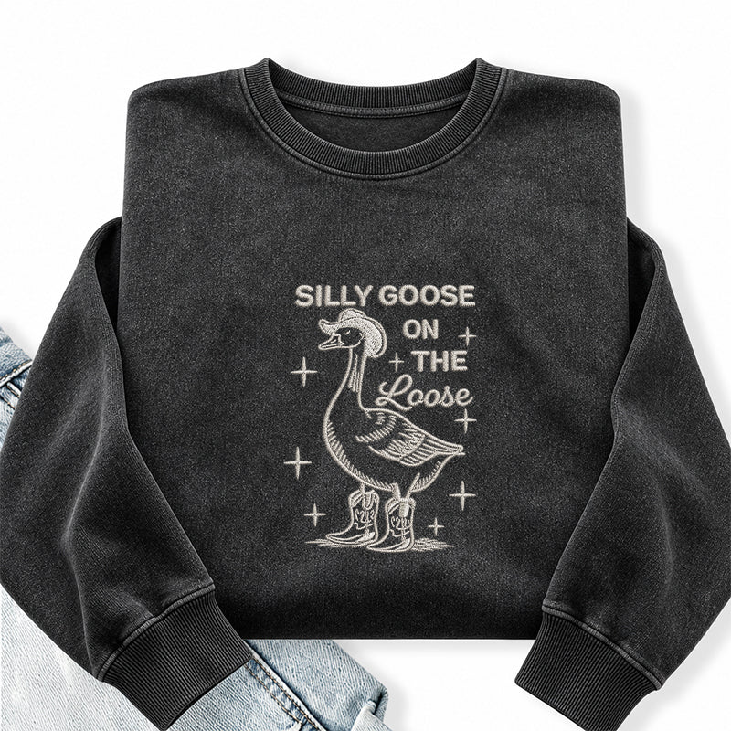 Embroidered Cowboy Silly Goose On The Loose Washed Crewneck Sweatshirt
