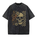 Vinatge Floral Skull Checkboard Washed Crew Neck T-Shirt