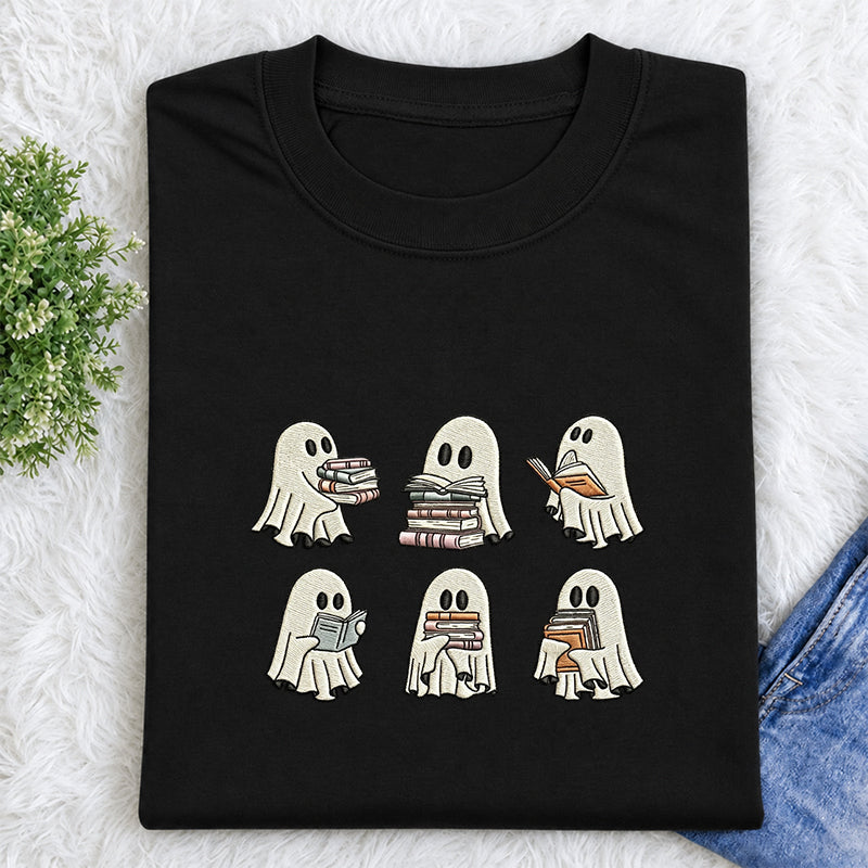 Embroidered Halloween Ghost Book Classic Crew Neck T-Shirt