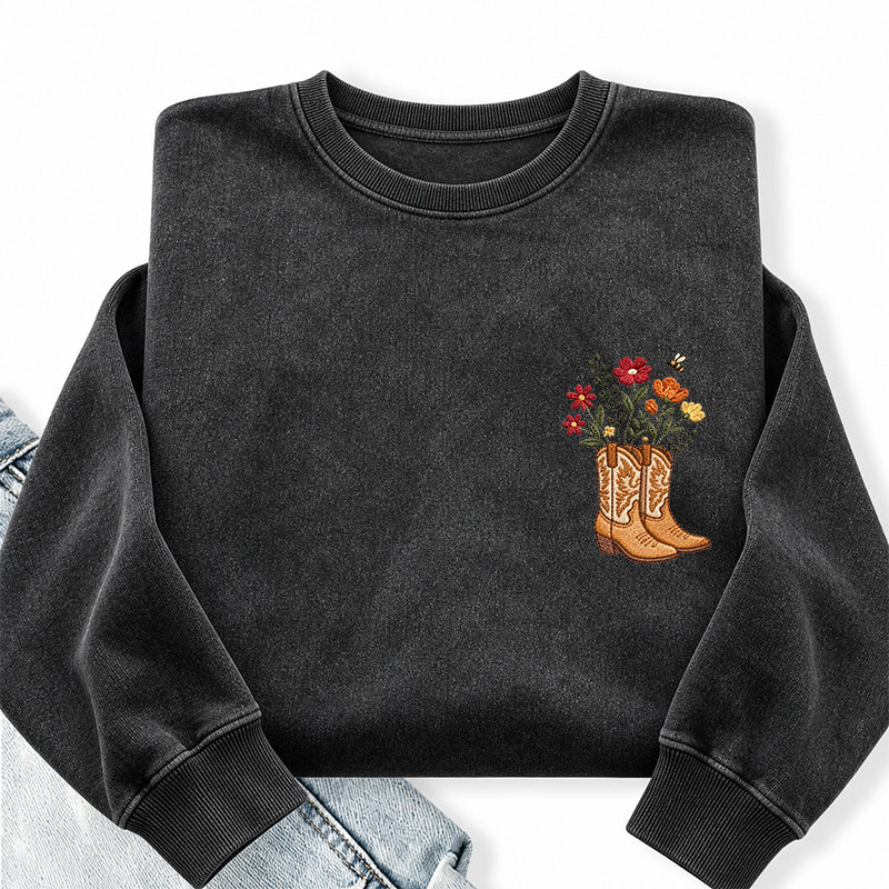 Embroidered Flower Cowboy Boots Washed Crewneck Sweatshirt